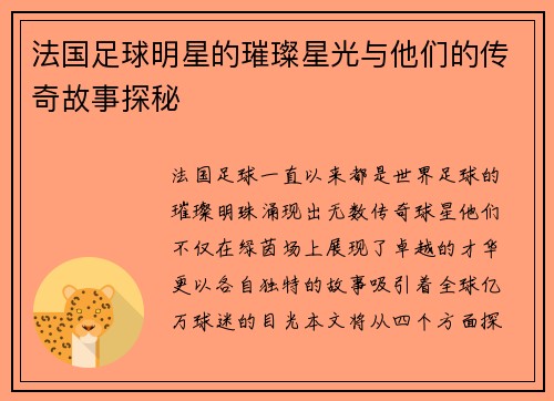 法国足球明星的璀璨星光与他们的传奇故事探秘